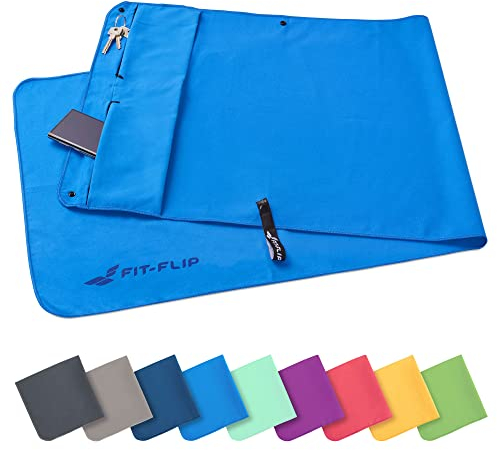 Fit-Flip Fitness Handtuch aus Mikrofaser - mit Magnet und Reißverschluss Tasche - Fitnesshandtuch für Sport und Gym - Kompakt & Schnelltrocknend - Sporthandtuch Fitnessstudio - Blau - 130x48cm