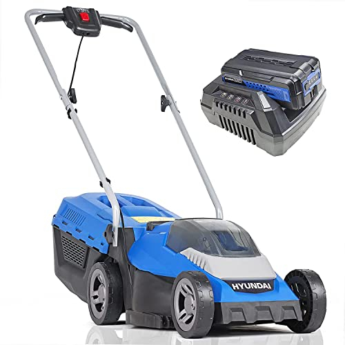 Hyundai 13/33cm 40V Lithium-Ion Cordless Battery Powered Roller Lawn Mower With Battery and Charger, 3 Adjustable Cutting Heights, 30l Grass Collector, Foldable Handles, 3 Year Warranty