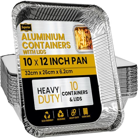 Superior Large Foil Containers with Lids Pack of 10 –Sturdy Durable Spacious Foil Trays with Lids - Aluminium Containers 10 x 12 Inch Leak Proof Trays for Cooking Baking BBQ Meal Prep Storage
