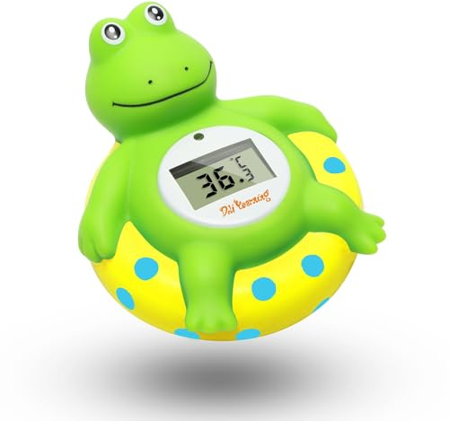 Puppensehnsucht [grüner Frosch mit gelbem Schwimmring] Baby-Badethermometer für Kleinkinder, schwimmendes Badespielzeug, Badewannenthermometer erhältlich für Fahrenheit und Celsius (℉/℃)
