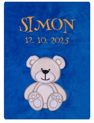 Wuff-Dogsworld Babydecke mit Namen und Geburtsdatum Bestickt, personalisierte Kuscheldecke, viele Motive & Farben, Geschenk zur Geburt für Mädchen & Jungen (dunkelblau Bär)