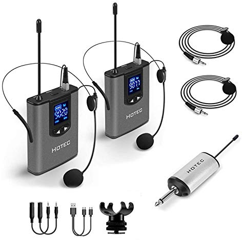 Hotec Dual UHF Kabelloses Headset Mikrofon/Lavalier-Mikrofon mit Bodypack-Transmitter und Mini-Empfänger 6,35 mm Ausgang, für Live-Auftritte, unterstützt Telefon