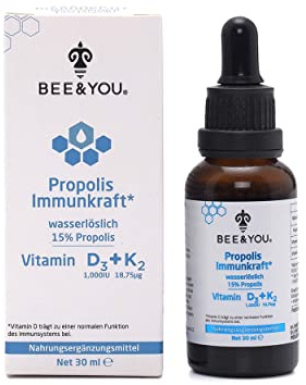 BEE&YOU | Propolis Immunkraft | Vitamin D3 + K2 Tropfen mit 15% Propolis (30 ml flüssig) | Propolis Tinktur wasserlöslich | 1000 I.U. Vitamin D3 + 18.75 mgc K2 Vitamin pro Tag,deckt täglichen Bedarf