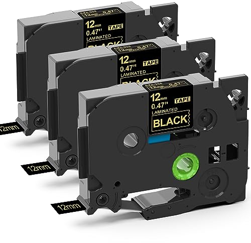 3x MarkField Kompatible Laminiert Schriftband für Brother P-Touch Label Maker TZ TZe-334 Bänder Gold auf Schwarz für PT-H100LB H105 H107B H110 H200 H101TB P300BT Cube D200BW D210 D400 12mm x 8m