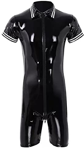 SEAUR Men's One Piece Front-Zip PVC Jumpsuit Shiny Leather Catsuit Slim Fit Short Sleeves Bodysuit Tight Leotard Black S