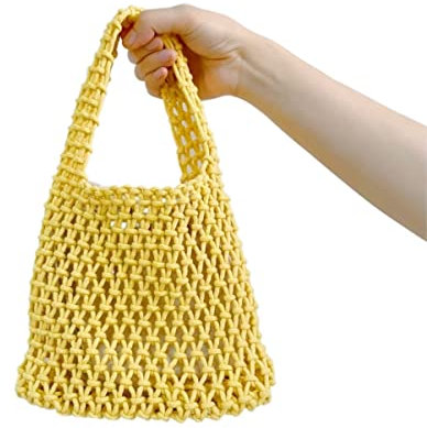 Stroh Sommer Strandtasche Baumwollseil Gewebte Handtaschen Damentaschen Mit Kleiner Innentasche Lässige Handgewebte Telefon-Geldbörsen-Umhängetasche Böhmische Geflochten Tasche ( Blue : Yellow , Size