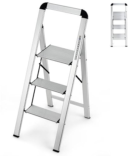GiantexUK 2/3 Step Ladder, Aluminum Folding Ladder with Non-slip Wide Pedal, Anti-slip Foot Pads & Safety Buckle, Lightweight Stepladder for Home Kitchen Office Household DIY (3 Step with Handrail)