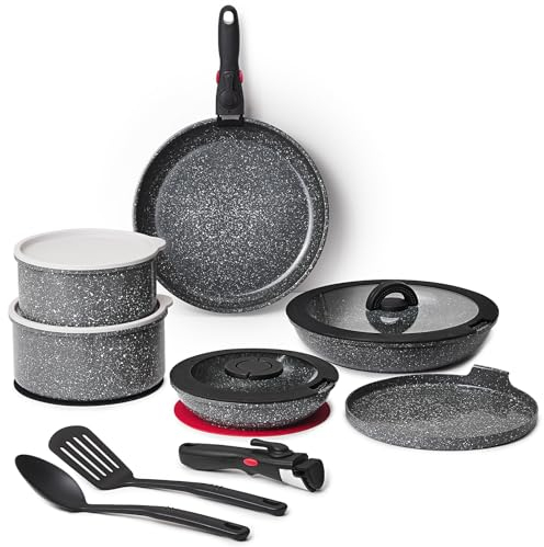 ROSSETTO Batterie de Cuisine, Set de casserole poele induction avec poignée amovible et revêtement anti-adhésif en céramique, empilable Set de casseroles (Gris Cendré, 16 pièces)