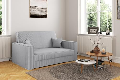 Kaiser Möbel - Sofa mit Schlaffunktion und Bettkasten, Sofa 2-sitzer, Schlafsofa mit Bettzeugbehälter, Klappsofa, Bettsofa, Bequemes Couch für Wohnzimmer und Schlafzimmer, Cordstoff, America, Grau