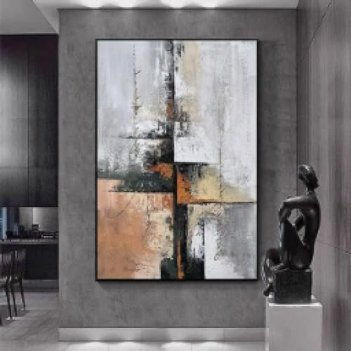 Moderne abstrakte Kunst, dekorativer Druck, Orange-Grau-Leinwand-Ölgemälde für Wohnzimmer, gerahmtes Wandposter, Wanddekoration, 85 x 135 cm (34 x 53 Zoll) mit schwarzem Rahmen