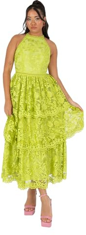 Maya Deluxe Women's Ladies Midi Dress Halterneck Sleeveless Tiered Skirt Floral Lace A-Line For Wedding Guest Evening Ocasión Prom Vestido, Verde Lima, 48 para Mujer