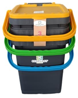 Ecoplast | Tris di Pattumiere per Raccolta Differenziata 20 Lt, Colori Assortiti Giallo/Verde/Blu, 34,5x34,5x34,5, Made in Italy