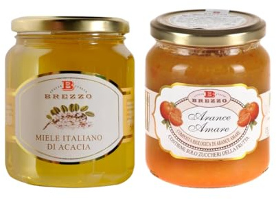 Brezzo Kit de dégustation de miel d'acacia 500g et compote de fruits bio oranges amères 390g