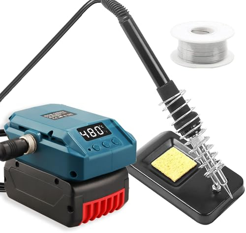 TPDL Akku Lötkolben für Bosch Professional 18V System GBA Akku, 60W Cordless Lötkolben Einstellbar Temperatur 51-480°C mit ON/OFF Schalter, 25g Löt-draht, Lötkolbenständer für Elektrische Arbeiten