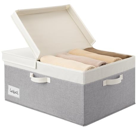 GRANNY SAYS Fabric Storage Box with Lid, Large Storage Basket for Shelves, Decorative Basket Organiser, Foldable Cloth Bin with Lids for Wardrobe Organising Clothes, Extra Large, White&Grey