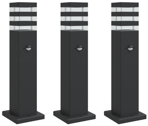 vidaXL Wegeleuchten mit Bewegungsmelder 3 Stk., Wegeleuchte mit IP44-Schutzart, Außenleuchte mit Diffusor, Standleuchte Gartenlampe, Schwarz Aluminium