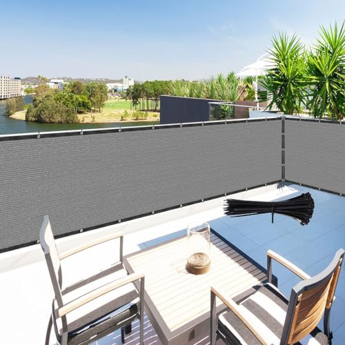 Zip Cable Ties and 3' x 8' Grey Privacy Screen Fence Cover Panel Shade Cloth Fabric for Chain Link Fence Balcony Deck Patio Pool Railing Porch Playground Yard Garden Farm
