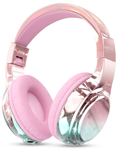 JYPS Auriculares Niños,Metálico Auriculares Inalámbricos Bluetooth Niña con Micrófono,Auriculares Infantiles Bluetooth con Cable,Cascos Inalámbricos Niña para iPad/Tablet/Escuela/Musica (Rosa)