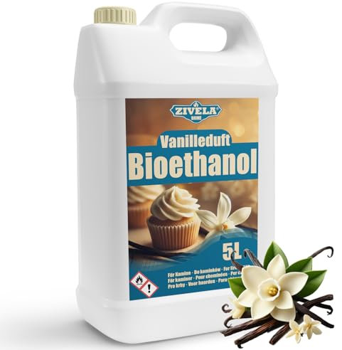 Bioetanolo 96,6% 5 l, profumo di vaniglia di alcool biologico 96,6% 5 l, bioetanolo per camino, caminetto, camino a bioetanolo, profumo di vaniglia, combustione pulita, senza fumo, fiamma vivida e