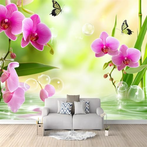 Tapete Fototapete 3d Effekt Elegante Blume Orchidee, Tapeten Wandekoration Wohnzimmer Schlafzimmer Büro Flur, Vliestapete Wandtapete Bildtapete Wand Dekoration 300 x 210 cm, Rosa Grün