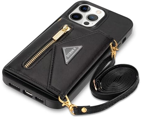 GUVAGI für iPhone 16 Hülle mit Band Handykette Handyhülle,Flip 4-Kartenfach Case Leder Handy Hülle Klapphülle Reißverschluss Handytasche Mädchen Cover mit Kette Schnur Tasche Umhängen (Schwarz)