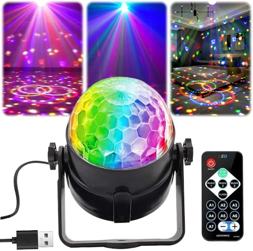 Discokugel Partylicht, Soundaktivierte disco licht Lichter mit Fernbedienung, USB Kabel 360°Rotierenden für Kinder Party Halloween Weihnachten, RGB Dynamisch Disco Lichteffekte für Party (1 Stück)