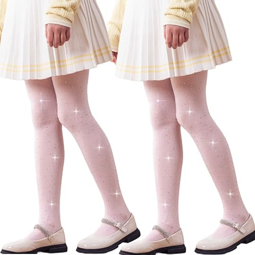 DANUOKU 2 paia di collant con strass per ragazze, collant da balletto per bambini, collant bianchi per ragazze età 6-12, rosa, 6-8 Years