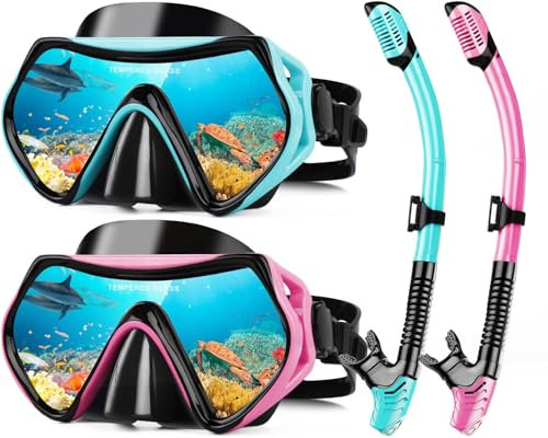 Schnorchel Set für Erwachsene, Trockenschnorchelset, Anti-Fog, auslaufsicheres Design, 180° Panoramablick, Schnorchelmaske aus gehärtetem Glas Linse - Verstellbarer Schnorchelschlauch und Riemen,