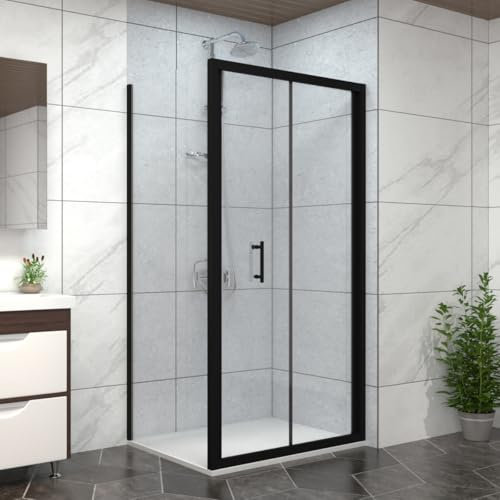 NRG Bathroom Bi- Fold Door Black Framed + Side Panel, 900 x 700mm Shower Enclosures with White SMC Rectangle Shower Tray