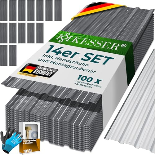 KESSER® 14 Stück Trapezblech Profilblech Set 110x46cm, 7 m² Dachblech verzinkter Stahl 0,25mm, Dachplatten für Gerätehaus, Schuppen & Dach + Schrauben, Unterlegscheiben & Montagehandschuhe, Grau