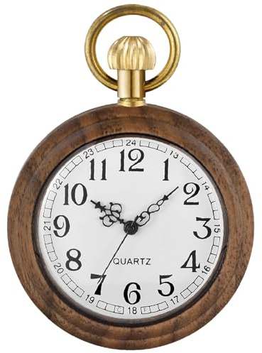 Tiong Brown and White Arabic Numerals Wooden Quartz Men Pocket Watch, Lightweight Wooden Men's Fob Pocket Watch with Gold Chain - Brown and White