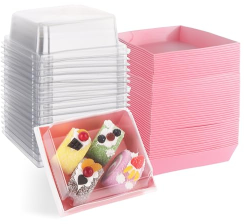 VIDETOL 75 Pcs Cake Slice Boxes with Clear Lids, Oil-Proof Paper Charcuterie Boxes, Pink Square Bakery Dessert Box Food Containers Takeaway for Bakery Macaron Sandwich Cookies Mini Cakes