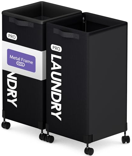 Caroeas Next-Gen 105L Metallrahmen Wäschekorb mit Rollen, Wäschesammler für Waschraum (105L, Schwarz, 2er Pack)