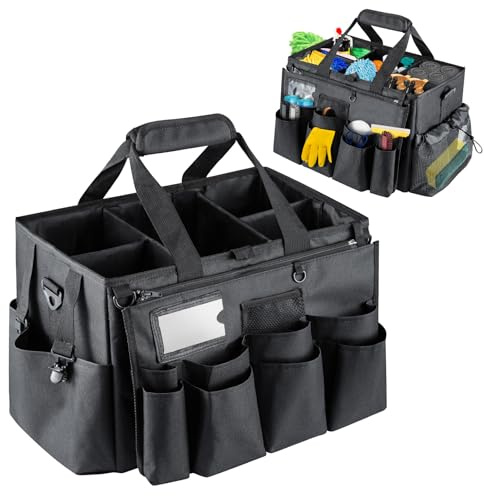 M.J COMFY-LIFE Cleaning Caddy Organizer with Handle, Large Multi-Compartment Cleaning Tote Bag with Removable Dividers, Adjustable Shoulder Strap & Waist Belt for Cleaning Supplies (BLACK)