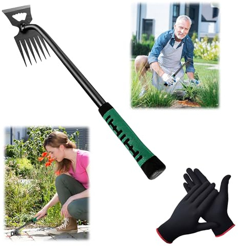 Yeliuxi Gartenwerkzeug Unkraut Entferner Gerät,Gartenarbeit Hand Unkrautstecher,Fugenkratzer Mit Stiel Gartenhelfer,2in1,für Gras Graben,Umpflanzen,Jäten,Enthält EIN Paar Handschuhe