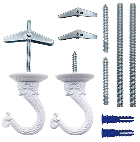 NACETURE E Style Ceiling Hooks for Hanging Plants- Vintage Style Ceiling Plant Hanger Hooks Outdoor or Indoor- Sturdy Plant Hooks for Hanging Lights, Flower Baskets and More (White 2 Pack)
