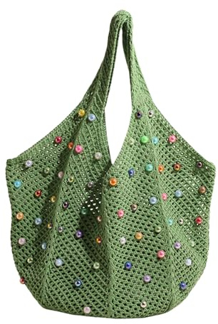 FloralGrace 1 Unidad Bolso de Playa Boho Tejido con Cuentas Coloridas, Bolsa de Hombro Tejida | Bolsa Tejida Hippie Colorida para Mujeres (Verde)