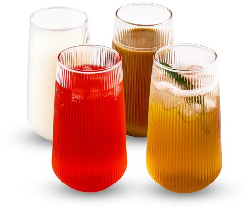 Foydream Latte Macchiato Bicchieri da Caffè,4 Pezzi Set 500 ml Bicchieri da Tè in Vetro, Trasparente, A Coste,Per Tè, Caffè, Latte, Cappuccino, Espresso, Succo