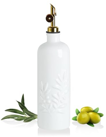 Sweejar Home 530ml Oil Dispenser for Kitchen with Gravity Spout, Ceramic Olive Oil Dispenser Bottle, Relief Opaque Vinegar Container for Evoo, Vinegar, Soy Sauce, Pack of 1(White, Gold Spout)