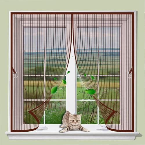 Mosquitera Ventana Magnetica 82 x 103 cm Cierre Automático, sin Taladrar, Malla Ultrafina, Fácil Instalación, Mosquitera para Ventanas, con Cinta Adhesiva para Todas Las Puertas Ventanas, Marrón