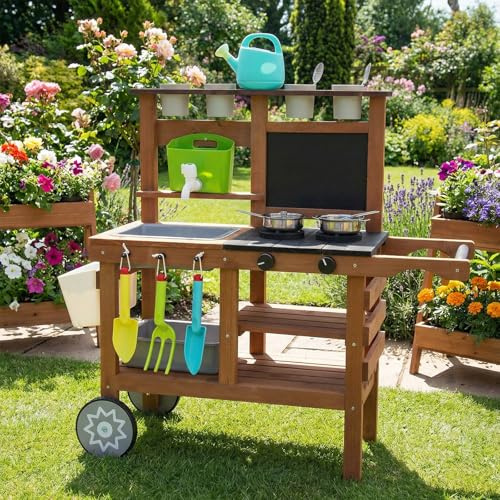 Cuisine pour enfants - Cuisine de jeu d'extérieur - Cuisine de jeu - Cuisine de jardin - Cuisine boueuse - Avec roues, bouilloire, évier, récipient pour plantes en bois