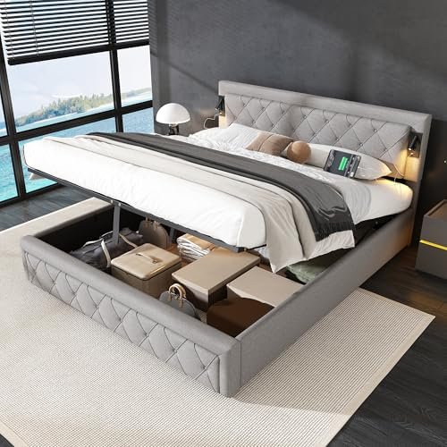 Laxnb Doppelbett 180x200 cm Polsterbett, Bett mit Stauraum, Kopfteil mit Leselicht und USB/TypC, Jugendbett Hydraulisches Stauraumbett Bettgestell mit Lattenrost, Ohne Matratze, Leinen Grau