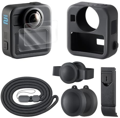 HSU Silicone Case and Screen Protectors Accessories Kit for GoPro Max 2 | Silicone Rubber Case with Lens Caps, 2-Pack Tempered Glass Screen Protectors, Battery Side Cover and Adjustable Lanyard Strap