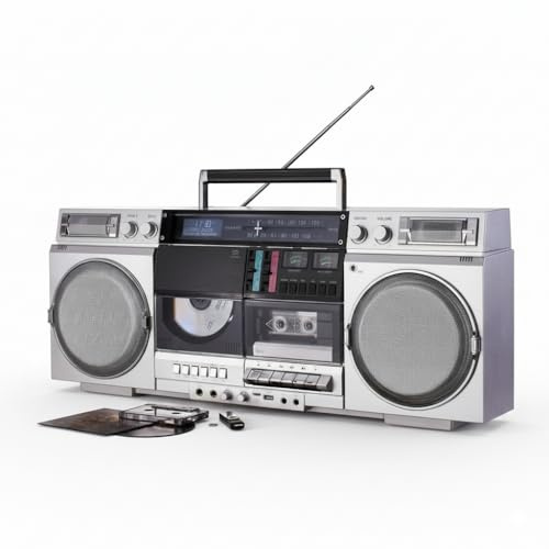 EUROtops Dab + Boombox Retro 1980 - Kit cassetta CD, Bluetooth, USB, MicroSD, radio, registrazione