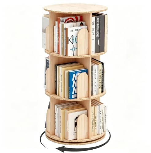 Wumagin Bücherregal Kinder, Massivholz Drehbares Bücherregal mit 3 Ebenen, 360-Grad-Display bodenstehendes Lagerregal, Multifunktionaler Bücherregal-Organizer für Wohnzimmer, Home Office