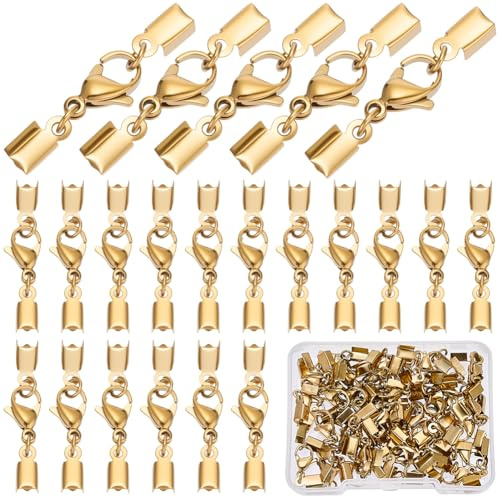 SUNNYCLUE 1 caja con 40 juegos de Extremos de Cordón Plegables Chapados En Oro Real de 18k, Extremos de Cordón de Cuero, Terminadores de Pulsera, Conectores de Engarce con Cierres de Pinza de Langosta