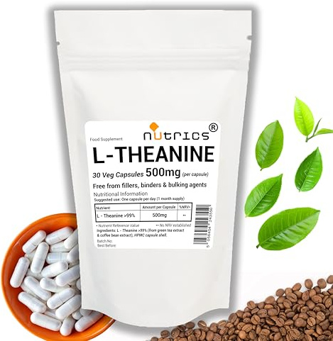 Nutrics® L-Theanine 500mg per Capsule >99% Pure 30 Veg Capsules, Free from Fillers, Binders & Bulking Agents, from Green Tea & Coffee Bean Extract, 1 Month Supply