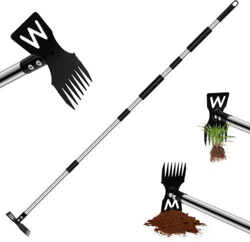 Fubinaty Outil de désherbage, houe de Jardin réglable 2 en 1 avec Long Manche en Acier Inoxydable, Outil de Désherbeurs en Position Debout, râteau de désherbage Manuel Ultra-résistant