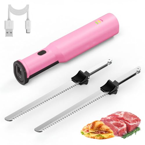 Cortadora de Carne Recargable Inalámbrica, Cuchillo Eléctrico para Pan con 2 Cuchillas Reemplazables, Batería 2000mAh, Desmontaje con Un Botón, Baja Vibración y Ruido, Herramientas de Cocina Pink