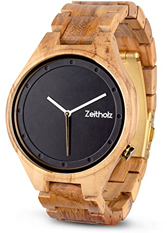 Zeitholz Holzuhr Herren, für Herren, Armbanduhr, Holzuhren Stolpen Kollektion, Analog, 44mm, 100% Naturholz mit Japanischem Quarzwerk (Oliven)
